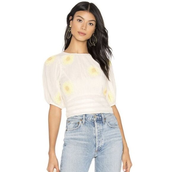Free People My Girl Embroidered Sunflower Puff-Sleeve Blouse Cotton Ivory S - Picture 1 of 14